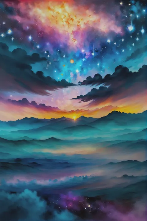 digital oil painting, vibrant professional pigments, cosmic sunset, dark sky, scenery, "at the Misty exalted Constellation" <lora:EnvyMoonriseXL01:1><lora:EnvyAnimeOilXL01:1>