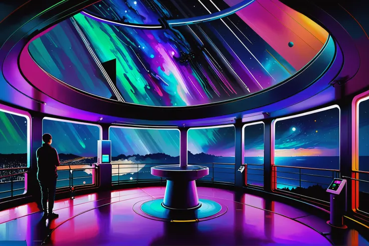 digital painting, colorful night time, dark sky, interior, in a Observatory deck<lora:EnvyMoonriseXL01:1>