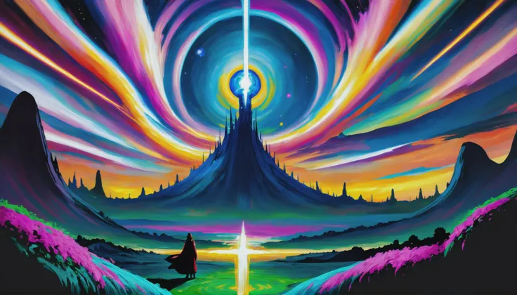thick oil on canvas, vibrant professional pigments, epic fantasy, evening, scenery, "at the Silhouette Intergalactic Quasar", vibrant color scheme<lora:EnvyAnimeOilXL01:1.0><lora:EnvyEnhanceXL01:0.4><lora:EnvyMoonriseXL01:1@0,0@0.6:hr=0>