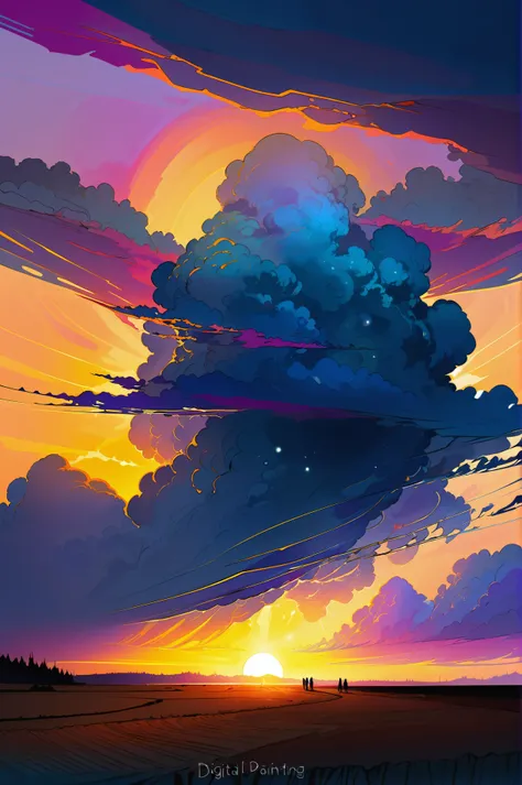 digital painting, vivid sunset, dark sky, scenery, "at the Radiant Liminal Machine" <lora:EnvyMoonriseXL01:1>
