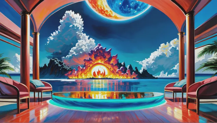 thick oil on canvas, vibrant professional pigments, epic fantasy, moonrise, well-lit interior, in a Northerness Coral atoll with clear blue waters, vibrant color scheme<lora:EnvyAnimeOilXL01:1.0><lora:EnvyEnhanceXL01:0.4><lora:EnvyMoonriseXL01:1@0,0@0.6:hr=0>