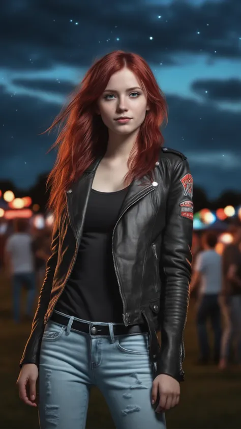 Photograph of a cute rocker girl, at a music festival, light blue skinny jeans, black crew neck t-shirt, black leather jacket, very long wavy red hair, very dark night, gorgeous starlit night sky, key-light, catch-light, bokeh, half body shot, extreme realism, <lora:EnvyMoonriseXL01:1>