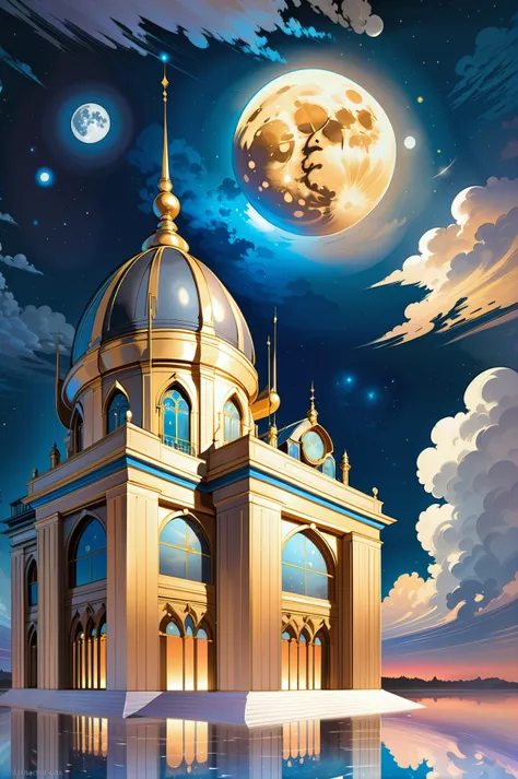 digital painting, cosmic full moon night, dark sky, golden hour, blue sky, clouds, architecture, "at the timeless Multiverse" <lora:EnvyMoonriseXL01:1.25>