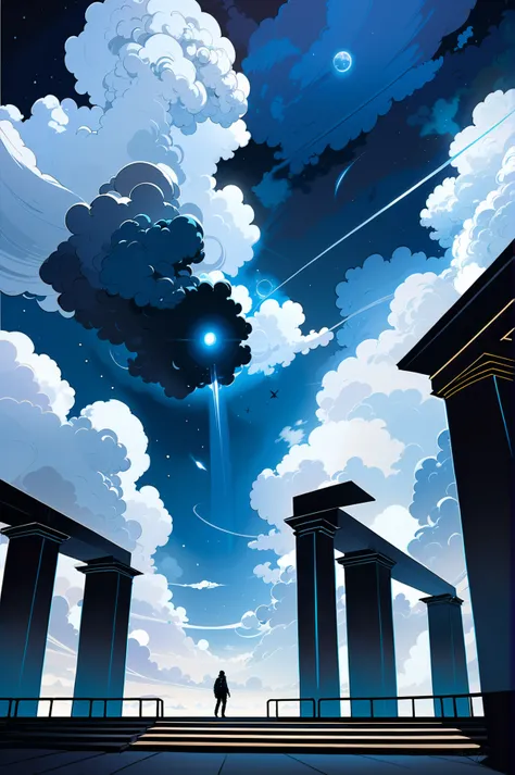 digital painting, cosmic midnight, dark sky, morning, blue sky, clouds, architecture, "at the Monochromatic far-future Apparatus"<lora:moonrise-mega-adam-b:1.5>