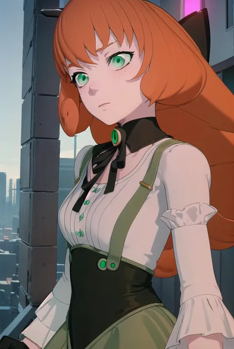 pennypolendina, <lyco:pennypolendina-lyco-nochekaiser:1>,
penny polendina, long hair, (green eyes:1.5), ahoge, orange hair, freckles,
BREAK skirt, shirt, thighhighs, gloves, long sleeves, bow, white shirt, black gloves, puffy sleeves, green skirt, android, joints, robot joints, mechanical legs,
BREAK outdoors, city,
BREAK looking at viewer, (cowboy shot:1.5),
BREAK <lyco:GoodHands-beta2:1>, (masterpiece:1.2), best quality, high resolution, unity 8k wallpaper, (illustration:0.8), (beautiful detailed eyes:1.6), extremely detailed face, perfect lighting, extremely detailed CG, (perfect hands, perfect anatomy),