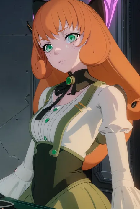 pennypolendina, <lyco:pennypolendina-lyco-nochekaiser:1>,
penny polendina, long hair, (green eyes:1.5), ahoge, orange hair, freckles,
BREAK skirt, shirt, thighhighs, gloves, long sleeves, bow, white shirt, black gloves, puffy sleeves, green skirt, android, joints, robot joints, mechanical legs,
BREAK outdoors, city,
BREAK looking at viewer, (cowboy shot:1.5),
BREAK <lyco:GoodHands-beta2:1>, (masterpiece:1.2), best quality, high resolution, unity 8k wallpaper, (illustration:0.8), (beautiful detailed eyes:1.6), extremely detailed face, perfect lighting, extremely detailed CG, (perfect hands, perfect anatomy),