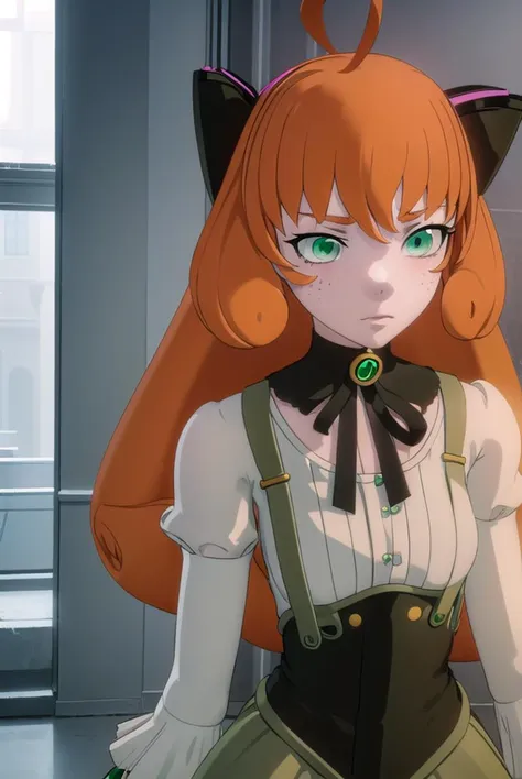 pennypolendina, <lyco:pennypolendina-lyco-nochekaiser:1>,
penny polendina, long hair, (green eyes:1.5), ahoge, orange hair, freckles,
BREAK skirt, shirt, thighhighs, gloves, long sleeves, bow, white shirt, black gloves, puffy sleeves, green skirt, android, joints, robot joints, mechanical legs,
BREAK outdoors, city,
BREAK looking at viewer, (cowboy shot:1.5),
BREAK <lyco:GoodHands-beta2:1>, (masterpiece:1.2), best quality, high resolution, unity 8k wallpaper, (illustration:0.8), (beautiful detailed eyes:1.6), extremely detailed face, perfect lighting, extremely detailed CG, (perfect hands, perfect anatomy),