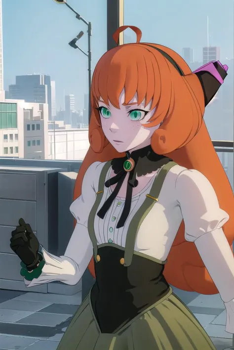 pennypolendina, <lyco:pennypolendina-lyco-nochekaiser:1>,
penny polendina, long hair, (green eyes:1.5), ahoge, orange hair, freckles,
BREAK skirt, shirt, thighhighs, gloves, long sleeves, bow, white shirt, black gloves, puffy sleeves, green skirt, android, joints, robot joints, mechanical legs,
BREAK outdoors, city,
BREAK looking at viewer, (cowboy shot:1.5),
BREAK <lyco:GoodHands-beta2:1>, (masterpiece:1.2), best quality, high resolution, unity 8k wallpaper, (illustration:0.8), (beautiful detailed eyes:1.6), extremely detailed face, perfect lighting, extremely detailed CG, (perfect hands, perfect anatomy),