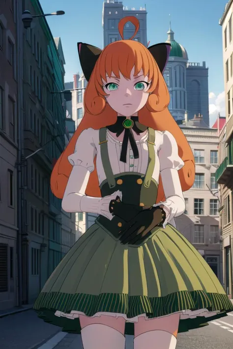 pennypolendina, <lyco:pennypolendina-lyco-nochekaiser:1>,
penny polendina, long hair, (green eyes:1.5), ahoge, orange hair, freckles,
BREAK skirt, shirt, thighhighs, gloves, long sleeves, bow, white shirt, black gloves, puffy sleeves, green skirt, android, joints, robot joints, mechanical legs,
BREAK outdoors, city,
BREAK looking at viewer, (cowboy shot:1.5),
BREAK <lyco:GoodHands-beta2:1>, (masterpiece:1.2), best quality, high resolution, unity 8k wallpaper, (illustration:0.8), (beautiful detailed eyes:1.6), extremely detailed face, perfect lighting, extremely detailed CG, (perfect hands, perfect anatomy),