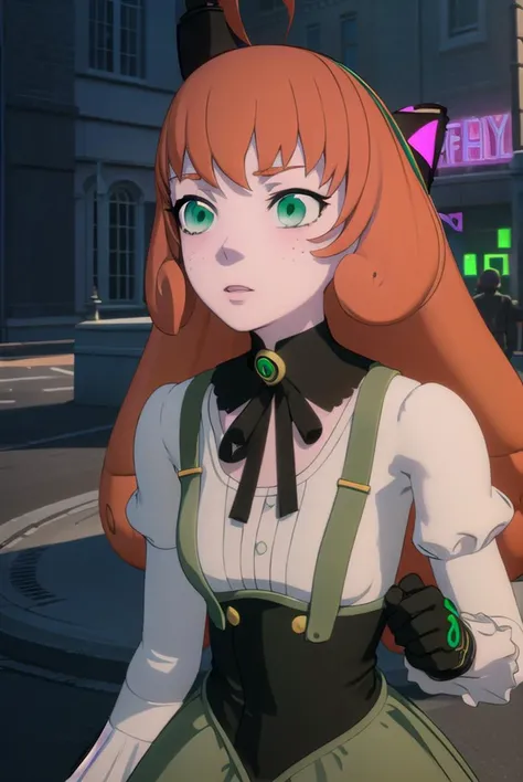 pennypolendina, <lyco:pennypolendina-lyco-nochekaiser:1>,
penny polendina, long hair, (green eyes:1.5), ahoge, orange hair, freckles,
BREAK skirt, shirt, thighhighs, gloves, long sleeves, bow, white shirt, black gloves, puffy sleeves, green skirt, android, joints, robot joints, mechanical legs,
BREAK outdoors, city,
BREAK looking at viewer, (cowboy shot:1.5),
BREAK <lyco:GoodHands-beta2:1>, (masterpiece:1.2), best quality, high resolution, unity 8k wallpaper, (illustration:0.8), (beautiful detailed eyes:1.6), extremely detailed face, perfect lighting, extremely detailed CG, (perfect hands, perfect anatomy),