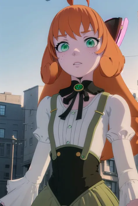 pennypolendina, <lyco:pennypolendina-lyco-nochekaiser:1>,
penny polendina, long hair, (green eyes:1.5), ahoge, orange hair, freckles,
BREAK skirt, shirt, thighhighs, gloves, long sleeves, bow, white shirt, black gloves, puffy sleeves, green skirt, android, joints, robot joints, mechanical legs,
BREAK outdoors, city,
BREAK looking at viewer, (cowboy shot:1.5),
BREAK <lyco:GoodHands-beta2:1>, (masterpiece:1.2), best quality, high resolution, unity 8k wallpaper, (illustration:0.8), (beautiful detailed eyes:1.6), extremely detailed face, perfect lighting, extremely detailed CG, (perfect hands, perfect anatomy),