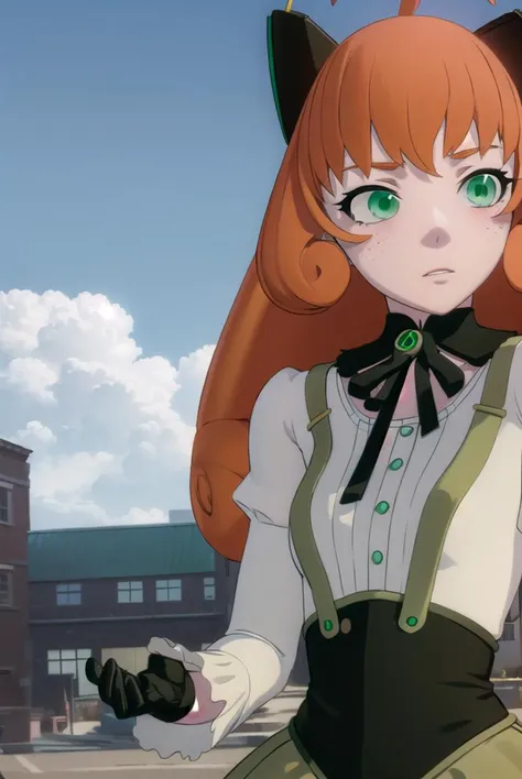 pennypolendina, <lyco:pennypolendina-lyco-nochekaiser:1>,
penny polendina, long hair, (green eyes:1.5), ahoge, orange hair, freckles,
BREAK skirt, shirt, thighhighs, gloves, long sleeves, bow, white shirt, black gloves, puffy sleeves, green skirt, android, joints, robot joints, mechanical legs,
BREAK outdoors, city,
BREAK looking at viewer, (cowboy shot:1.5),
BREAK <lyco:GoodHands-beta2:1>, (masterpiece:1.2), best quality, high resolution, unity 8k wallpaper, (illustration:0.8), (beautiful detailed eyes:1.6), extremely detailed face, perfect lighting, extremely detailed CG, (perfect hands, perfect anatomy),