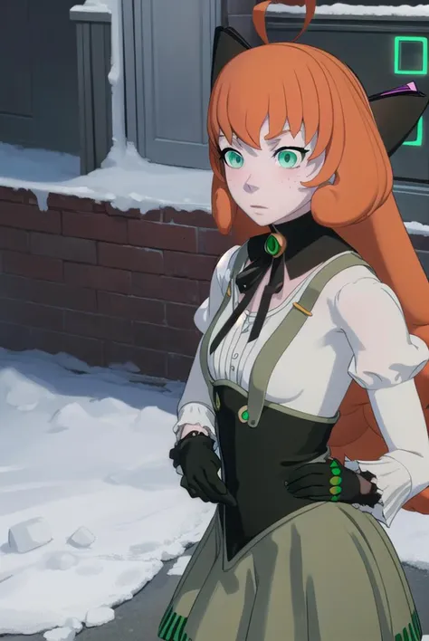 pennypolendina, <lyco:pennypolendina-lyco-nochekaiser:1>,
penny polendina, long hair, (green eyes:1.5), ahoge, orange hair, freckles,
BREAK skirt, shirt, thighhighs, gloves, long sleeves, bow, white shirt, black gloves, puffy sleeves, green skirt, android, joints, robot joints, mechanical legs,
BREAK outdoors, city,
BREAK looking at viewer, (cowboy shot:1.5),
BREAK <lyco:GoodHands-beta2:1>, (masterpiece:1.2), best quality, high resolution, unity 8k wallpaper, (illustration:0.8), (beautiful detailed eyes:1.6), extremely detailed face, perfect lighting, extremely detailed CG, (perfect hands, perfect anatomy),