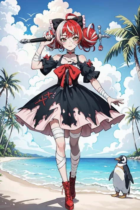 (masterpiece, best quality), intricate details,
1girl, <lyco:KitsuneAi-Ollie-LoCon32V1:0.8>bow, mismatched footwear, bandages, double bun, hair bun, asymmetrical footwear, torn clothes, blunt ends, black bow, dress, red bow, torn dress, hair bow, bandaged arm, black dress, bandaged leg, shoes, red footwear symbol-shaped pupils, boots, cross-laced footwear, heart choker, bangs, short sleeves
beach, (penguins:1.3), palm trees, pool, surfing,