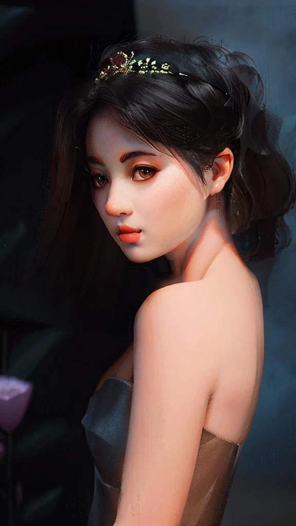 1girl, bare_shoulders, black_hair, blurry, blurry_background, breasts, brown_eyes, closed_mouth, depth_of_field, dress, from_side, lips, looking_at_viewer, looking_to_the_side, nose, realistic, short_hair, small_breasts, solo, upper_body
 <lora:fugu:1>