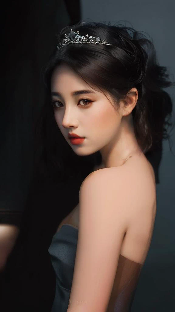 1girl, bare_shoulders, black_hair, blurry, blurry_background, breasts, brown_eyes, closed_mouth, depth_of_field, dress, from_side, lips, looking_at_viewer, looking_to_the_side, nose, realistic, short_hair, small_breasts, solo, upper_body
<lora:fugu:0.8>