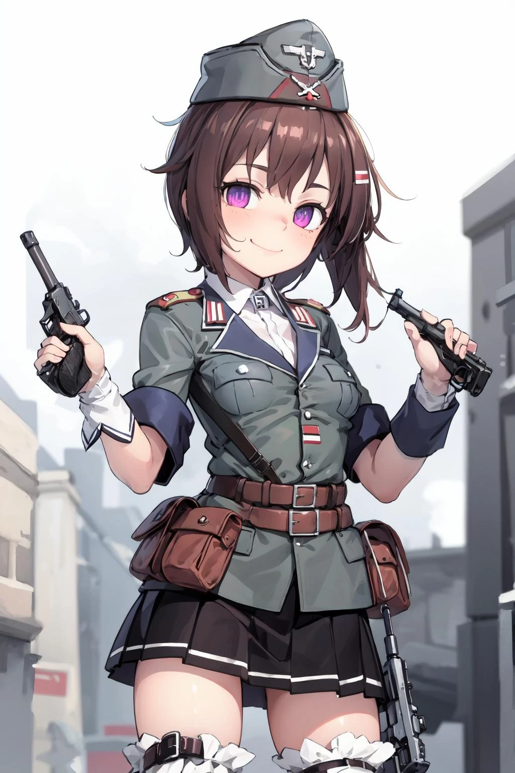 masterpiece, best quality, highres
solo, 1girl, cowboy shot, naughty smile
<lora:gfl_p38-000030:0.8>p38 \(girls' frontline\), p38original, brown hair, purple eyes, (garrison cap:1.2), medium breasts, military uniform, short sleeve, pleated skirt, belt pouch, iron cross medal, thighhighs, holding gun, handgun, walther