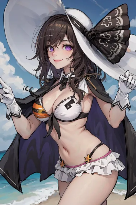 masterpiece, best quality, highres
solo, 1girl, smile, sunshine, beach
<lora:gfl_p38-000030:0.8>p38 \(girls' frontline\), p38bikini, brown hair, purple eyes, sun hat, cape, gloves, necktie