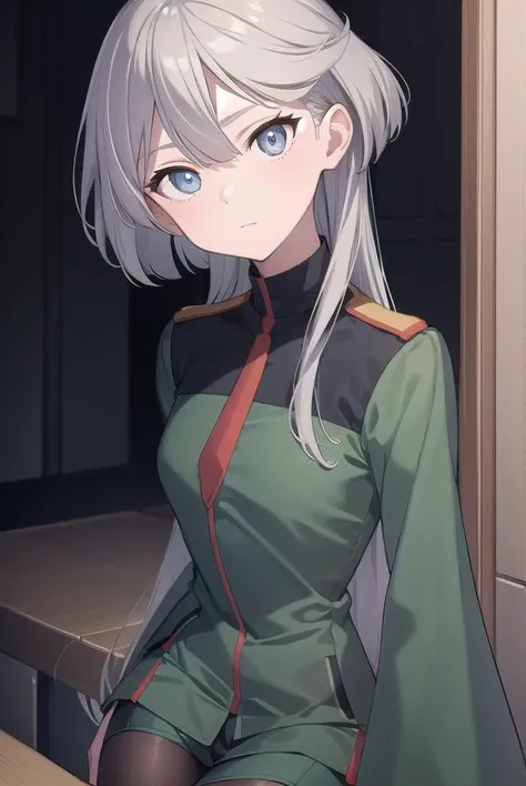 miorinerembran, <lora:miorinetest:1>,
miorine rembran, ahoge, (grey eyes:1.5), grey hair, hair between eyes, (long hair:1.25), swept bangs,
BREAK asticassia school uniform, front-seamed legwear, green jacket, green shorts, jacket, long sleeves, pantyhose, pantyhose under shorts, school uniform, seamed legwear, shorts, shoulder boards, swept bangs, wide sleeves,
BREAK looking at viewer,
BREAK indoors, classroom,
BREAK <lora:GoodHands-vanilla:1>, (masterpiece:1.2), best quality, high resolution, unity 8k wallpaper, (illustration:0.8), (beautiful detailed eyes:1.6), extremely detailed face, perfect lighting, extremely detailed CG, (perfect hands, perfect anatomy),