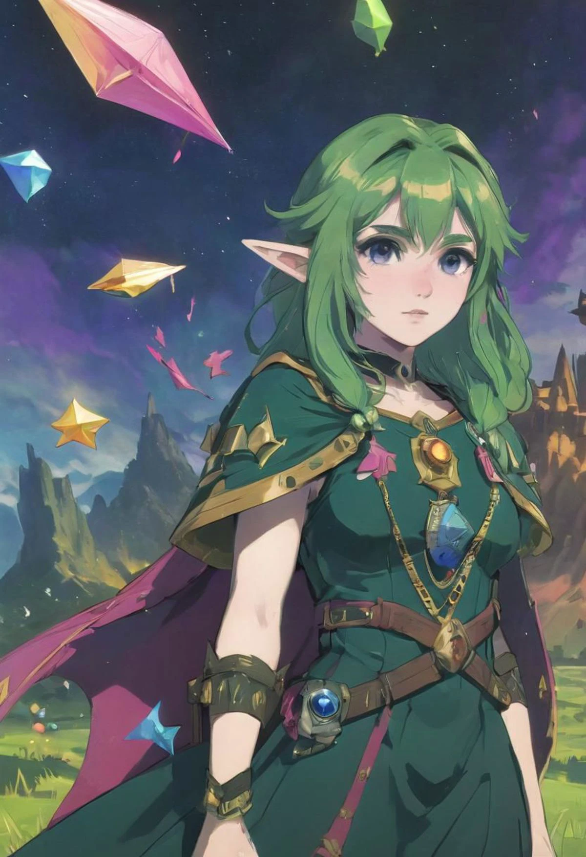 Super Closeup Portrait, Profoundly colorful dreamland hyrule, glass, Stains, space grunge style, Link From Zelda wearing used Zelda styled Silk dress, paper kite, Sci-fi vibe, dirty, noisy, Vintage, very detailed, hd, vibrant colors
