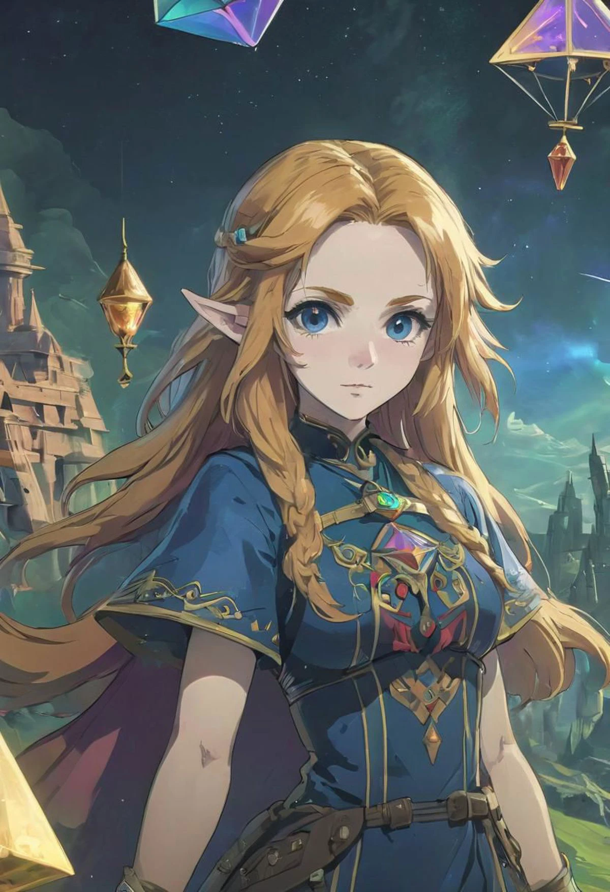 Super Closeup Portrait, Profoundly colorful dreamland hyrule, glass, Stains, space grunge style, Link From Zelda wearing used Zelda styled Silk dress, paper kite, Sci-fi vibe, dirty, noisy, Vintage, very detailed, hd, vibrant colors