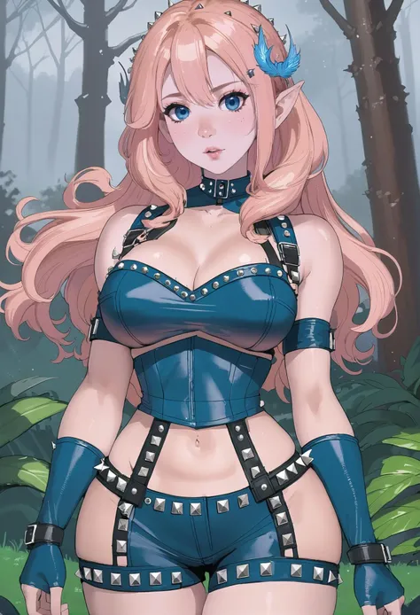 rough digital painting, (full body:1.25), 1girl, solo, [:outlandish costume design,:0.2] battlemage, pastel slate blue (magic studded leather pauldrons:1.4), caucasian, bombshell peach hair, hair bobbles,Blunt Cut, (athletic:1) build, simple background, moba character concept art, in a confusing spring forest, bombshell hair, muted crimson hair, hair rings,Blunt Cut, symmetrical hand pose