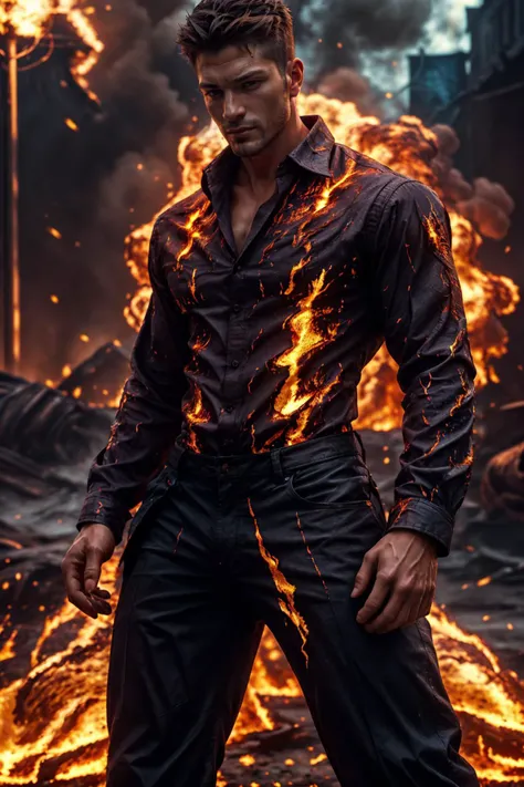 (Canadian man), emb3r4rmor, wearing collared shirt, burning, glowing, dynamic pose, fighting stance, (fantasy city background), pants,, realistic, masterpiece, intricate details, detailed background, depth of field, photo of a handsome man,