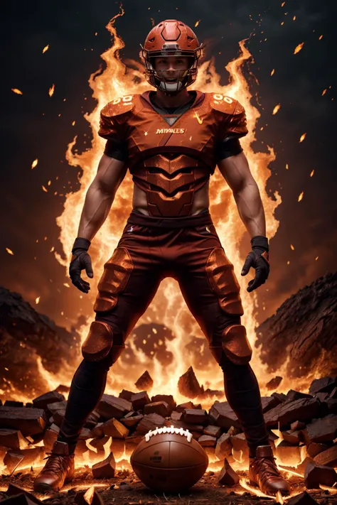 magma football field, tall handsome muscular jock ((age 20)), ginger hair, short hair, emb3r4rmor, wearing ((embers football uniform)), (embers shoulder pads), (embers football pants), ((crotch bulge)), (embers football helmet), intricate detail, glowing orange, ((holding fiery American football)), burning, feet close together, masterpiece, best quality, (((full body portrait))), ((full body)), looking at viewer, longshot, realistic hair, highly detailed, high skin detail, high face detail, ((photorealistic)) <lora:Clothing - Ember Armor_v2:0.35>