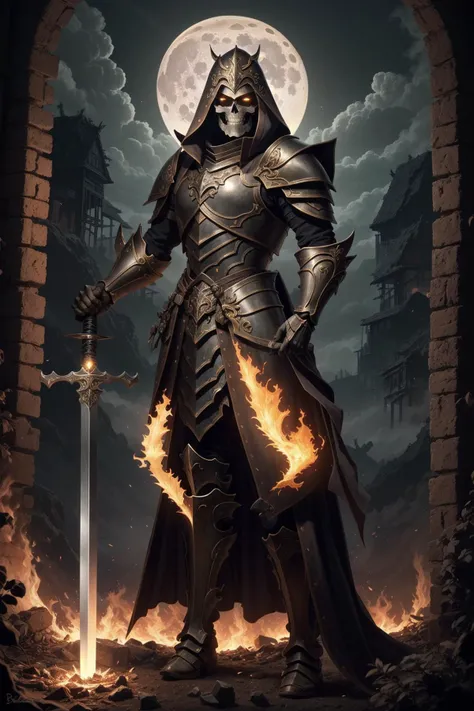 bloom,high quality, dramatic, vibrant, heavy shadows,a skeleton paladin in front of gates of the abyss,bulky shoulder armor,skeleton ornate armor of embers,  <lora:Clothing - Ember Armor_v2:0.1>,full moon, metal gloves, ember sword,