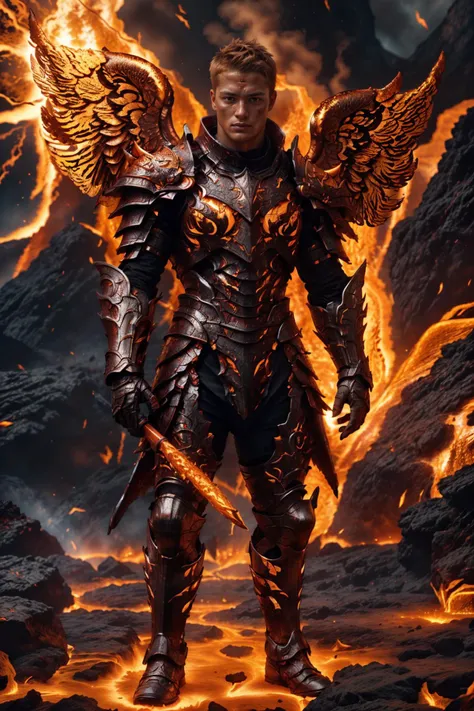 erupting volcano in the background, floating above magma lake, tall handsome buff jock ((age 20)), ginger hair, short hair, emb3r4rmor, wearing winged embers knight armor, intricate detail, glowing orange, (((embers wings))), burning, (holding fiery sword), feet close together, masterpiece, best quality, (((full body portrait))), ((full body)), looking at viewer, longshot, realistic hair, highly detailed, high skin detail, high face detail, ((photorealistic))  <lora:Clothing - Ember Armor_v2:0.7>