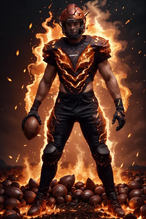 magma football field, tall handsome muscular jock ((age 20)), ginger hair, short hair, emb3r4rmor, wearing ((embers football uniform)), (embers shoulder pads), (embers football pants), ((crotch bulge)), (embers football helmet), intricate detail, glowing orange, ((holding fiery American football)), burning, feet close together, masterpiece, best quality, (((full body portrait))), ((full body)), looking at viewer, longshot, realistic hair, highly detailed, high skin detail, high face detail, ((photorealistic)) <lora:Clothing - Ember Armor_v2:0.5>