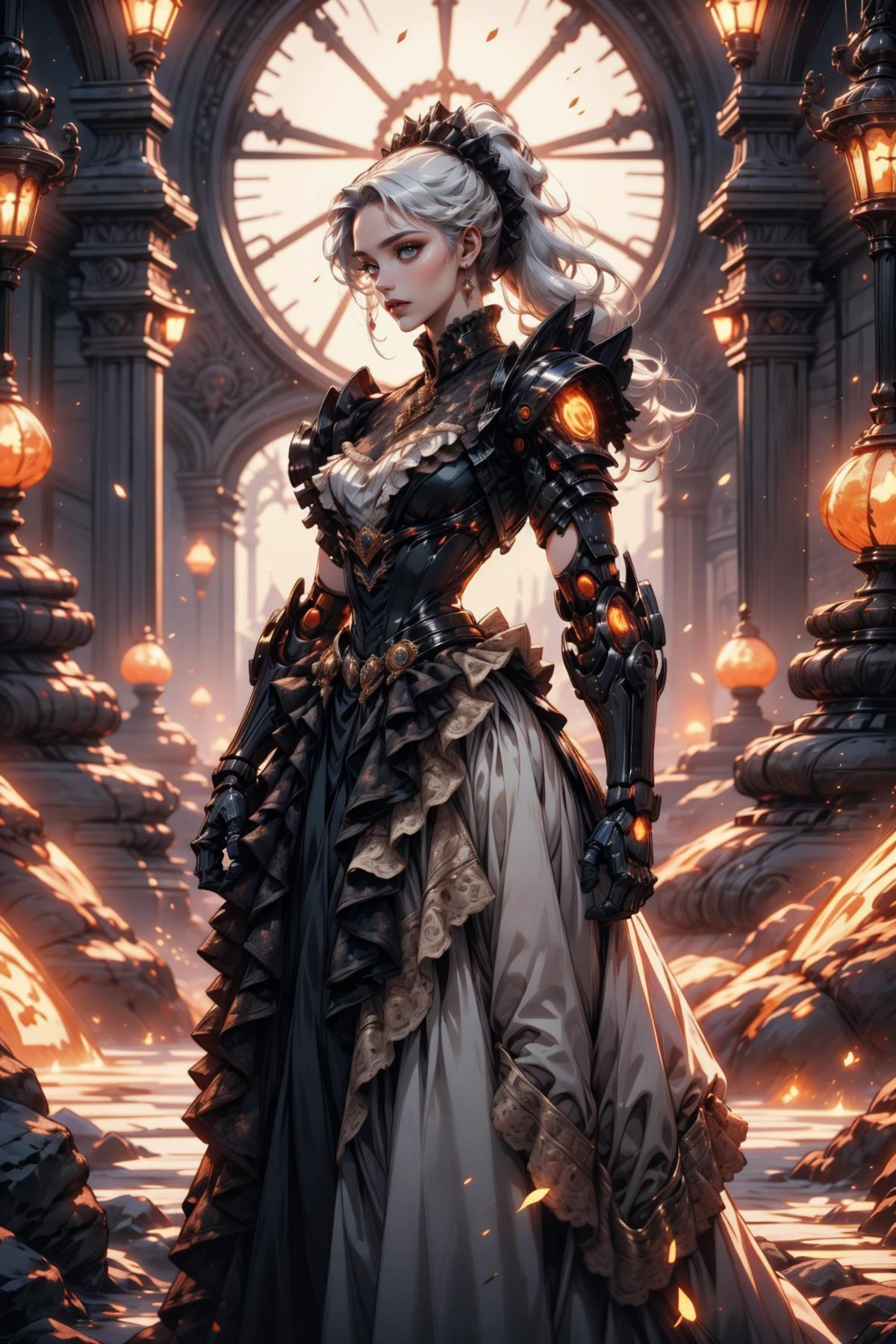 (masterpiece:1.1), (best quality:1.1), (vibrant colors:1.2), BREAK,
(biopunk:1.2), (fantasy:1.0), BREAK,
(solo:1.2),(fully body:1.0), (android:1.1), (mechanical limbs:1.1), (ponytail:1.0), (white hair:1.0), (victorian dress:1.2), (frills:1.0), (emb3r4rmor:1.0), (glowing:1.1), (embers:1.0), <lora:victorian_dress-1.0:1.0>, <lora:Clothing - Ember Armor_v2:0.6>, BREAK,
(starry night:1.0)