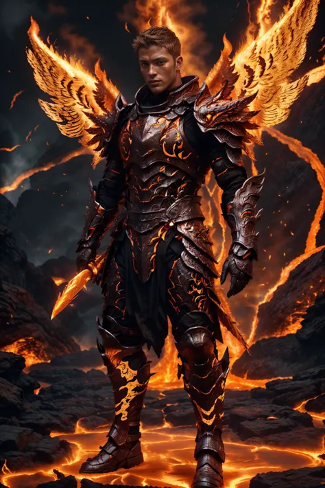 erupting volcano in the background, floating above magma lake, tall handsome buff jock ((age 20)), ginger hair, short hair, emb3r4rmor, wearing winged embers knight armor, intricate detail, glowing orange, (((embers wings))), burning, (holding fiery sword), feet close together, masterpiece, best quality, (((full body portrait))), ((full body)), looking at viewer, longshot, realistic hair, highly detailed, high skin detail, high face detail, ((photorealistic)) <lora:Clothing - Ember Armor_v2:0.7>