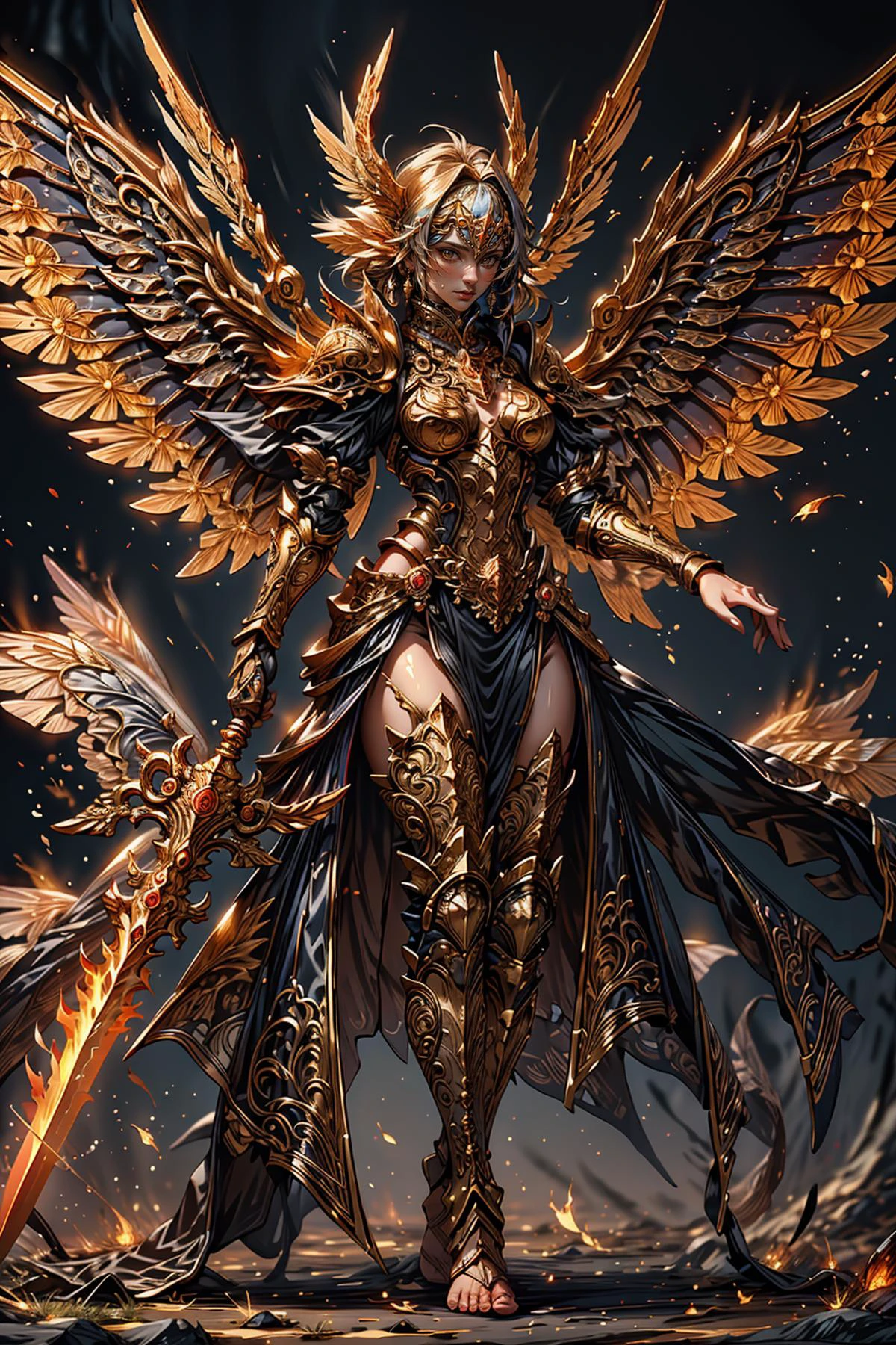 (masterpiece:1.1), (best quality:1.1), (ornate:1.1), (vibrant colors:1.2), BREAK,
(solo:1.2), (woman:1.0),(wings:1.0), (burning:1.0), (embers:1.1), (sword:1.0), (barefoot:1.0), <lora:Clothing - Fractal Fairy Armor:0.6>, <lora:Clothing - Ember Armor_v2:0.3>, <lora:saint_celestine_mk1:0.3>,