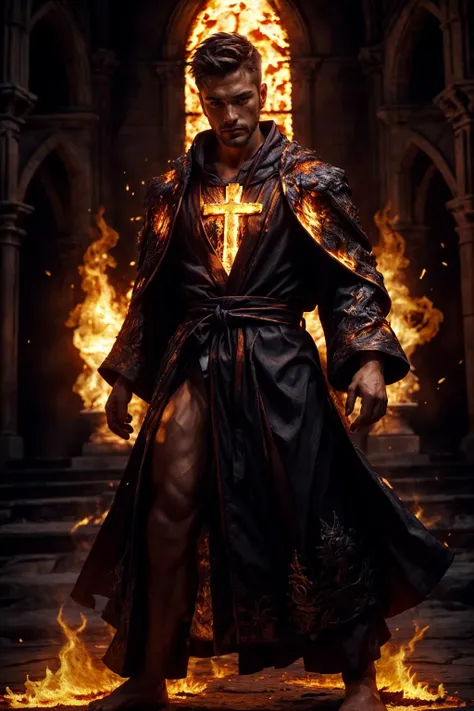(Hungarian man), emb3r4rmor, wearing embers priest robe, burning, glowing, dynamic pose, fighting stance, (fantasy church background), indoors, cross, realistic, masterpiece, intricate details, detailed background, depth of field, photo of a handsome man,