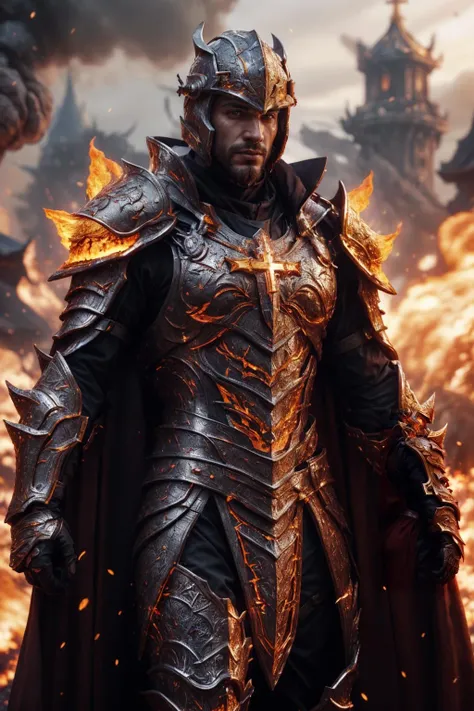 (Dutch man), emb3r4rmor, wearing embers paladin armor, burning, glowing, dynamic pose, fighting stance, (fantasy city background), holding shield, cape, helmet, cross, best quality, masterpiece, highly detailed, realistic, (detailed background), depth of field, soft focus, intricate details, 8k, cartoon, 3d,  unreal engine 5, photo of a man,