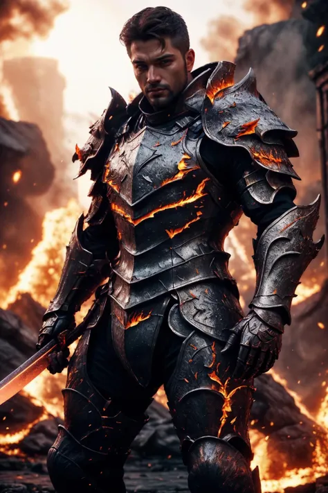 (italian man), emb3r4rmor, wearing embers knight armor, burning, glowing, dynamic pose, fighting stance, fantasy city background, holding sword,, best quality, masterpiece, highly detailed, realistic, (detailed background), depth of field, soft focus, intricate details, 8k, cartoon, 3d,  unreal engine 5, photo of a man,