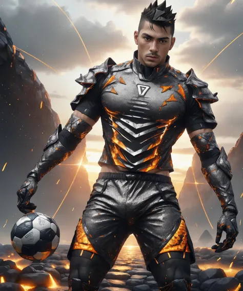 Realistic detailed candid photograph of a 30 year old (Hispanic) soccer player with creole skin, The player is handsome, he has a short (black mohawk) and a (chin cleft), Stubble, The player is about to kick the ball across a soccer field, (((emb3r4rmor))), ((He is wearing skintight metallic embers jersey)), ((His burning jersey is covered in metal metal scales)), and ((burning embers shorts)), All of his clothes are like an armor in flames, It's twilight, The sun shines from behind the camera, The light hitting the scene is pretty, (His socks are still white), Body hair, [a white guy: nobody: 0.1] is playing beside him, Image shot from below at close range, (Realistic ball pattern), <lora:Clothing - Ember Armor_v2:0.85>