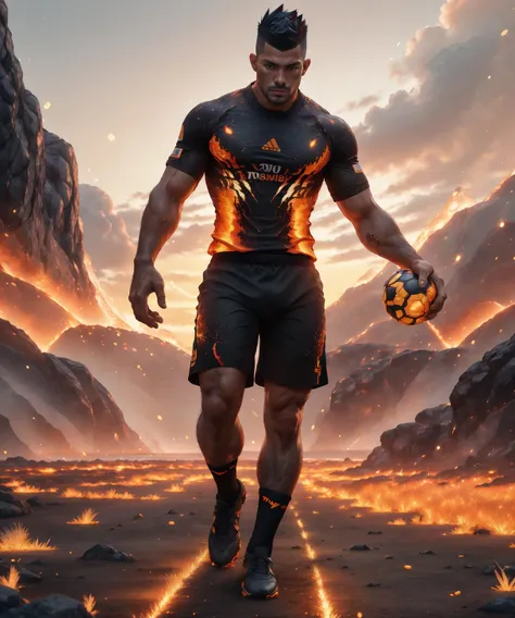 Realistic detailed photograph of a 30 year old (Hispanic) soccer player, The player is handsome, he has a (black mohawk) and a (chin cleft), The player is about to kick the ball across a soccer field, (emb3r4rmor), ((He is wearing embers jersey)), (burning), ((burning embers shorts)), It's twilight, The sun sets behind the player, The light hitting the scene is pretty, Body hair, Nobody is playing beside him, Image shot from below at close range, (Realistic ball pattern), <lora:Clothing - Ember Armor_v2:0.8>