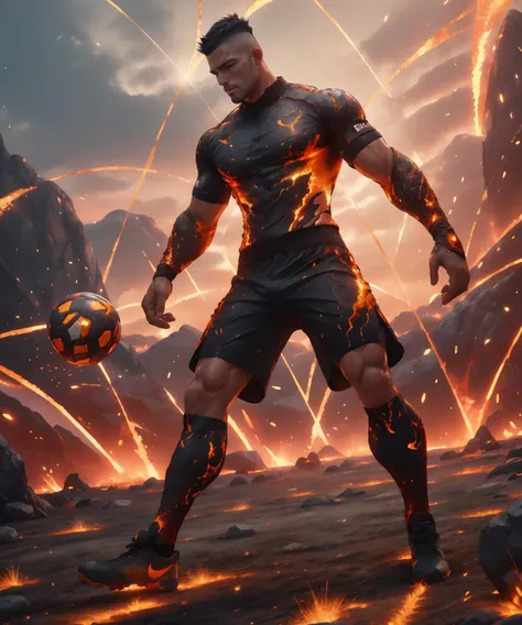 Realistic detailed photograph of a 30 year old (Hispanic) soccer player, The player is handsome, he has a (black mohawk) and a (chin cleft), The player is about to kick the ball across a soccer field, His jersey and shorts made out of ((skintight metal)), (emb3r4rmor), ((He is wearing embers jersey)), (burning), ((burning embers shorts)), glowing sneakers, It's twilight, The sun sets behind the player, The light hitting the scene is pretty, Body hair, Nobody is playing beside him, Image shot from below at close range, (Realistic ball pattern), <lora:Clothing - Ember Armor_v2:0.8>