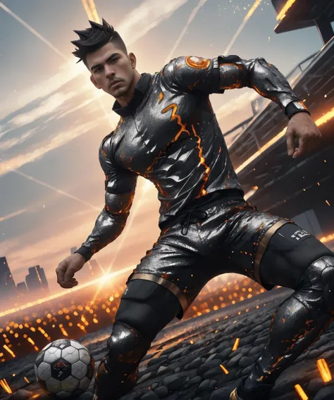 Realistic detailed candid photograph of a 30 year old (Hispanic) soccer player with creole skin, The player is handsome, he has a short (black mohawk) and a (chin cleft), Stubble, The player is about to kick the ball across a soccer field, (((emb3r4rmor))), ((He is wearing skintight metallic embers jersey)), ((His burning jersey is covered in metal metal scales)), and ((burning embers shorts)), All of his clothes are like an armor in flames, It's twilight, The sun shines from behind the camera, The light hitting the scene is pretty, (His socks are still white), Body hair, [a white guy: nobody: 0.1] is playing beside him, Image shot from below at close range, (Realistic ball pattern), <lora:Clothing - Ember Armor_v2:0.85>