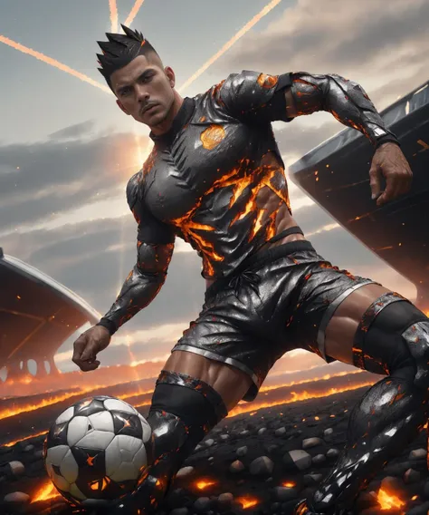 Realistic detailed candid photograph of a 28 year old (Hispanic) soccer player with creole skin, Silver hair, The player is handsome, he has a ((short black mohawk)) and a (chin cleft), The player is about to kick the ball across a soccer field, (((emb3r4rmor))), ((He is wearing skintight metallic embers jersey)), ((His burning jersey is covered in metal metal scales)), and ((burning embers shorts)), All of his clothes are like an armor in flames, Small flames on both of his shoulders, It's twilight, The sun shines from behind the camera, His socks are still white, Body hair, Nobody is playing beside him, Image shot from below at close range, (Realistic ball pattern), <lora:Clothing - Ember Armor_v2:0.85>