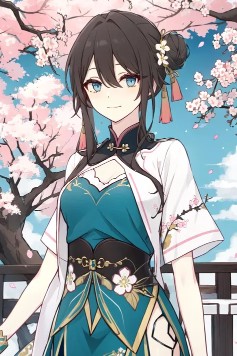 upper_body, cherry_blossoms, outdoors, day, spring_\(season\), 1girl, RuanMei, dress, green_dress, chinese_cloths, smile, solo, bangs, blue_eyes, blush, closed_mouth, looking_at_viewer, long_hair, brown_hair, branch, eyebrows_visible_through_hair, hair_between_eyes, pink_flower, petals, tree, white_shirt, hair_stick, side_bun, wind, railing, sky <lora:chara_RuanMeiNT4:1> <lora:style_Akakura:1>