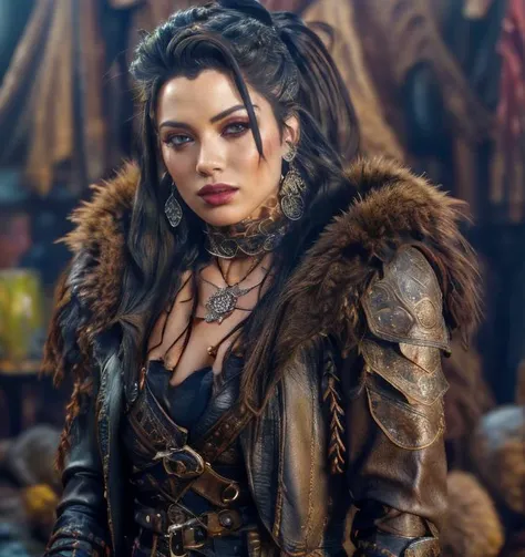 (masterpiece:1.2), (best quality,:1.2), 8k, HDR, ultra detailed, ((photorealistic)), professional light, cinematic lighting, fashion photography, ambient lighting, face lighting, Sienna, <lora:Sienna-10:1>, dynamic pose, earrings, choker, messy and long hair, dark makeup, ((upper body shot)), OverallDetail, fhanddetail, ffacedetail, middle-aged, as female survivor, wearing intricate leather and metal armor under a long black leather coat, <lora:detail_slider_v4:4>, looking at viewer, <lora:PostApocalypticV1:0.6>, 99post96apocalyptic44, in a hot desert, FanLan, FanAm, <lora:Armor-10:0.74>, <lora:FantasyLandscape-10:0.7>