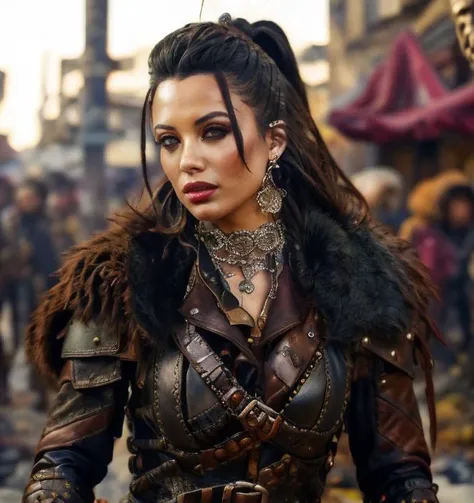 (masterpiece:1.2), (best quality,:1.2), 8k, HDR, ultra detailed, ((photorealistic)), professional light, cinematic lighting, fashion photography, ambient lighting, face lighting, Sienna, <lora:Sienna-10:1>, dynamic pose, earrings, choker, messy and long hair, dark makeup, ((upper body shot)), OverallDetail, fhanddetail, ffacedetail, middle-aged, as female survivor, wearing intricate leather and metal armor under a long black leather coat, <lora:detail_slider_v4:4>, looking at viewer, <lora:PostApocalypticV1:0.6>, 99post96apocalyptic44, in a hot desert, FanLan, FanAm, <lora:Armor-10:0.74>, <lora:FantasyLandscape-10:0.7>