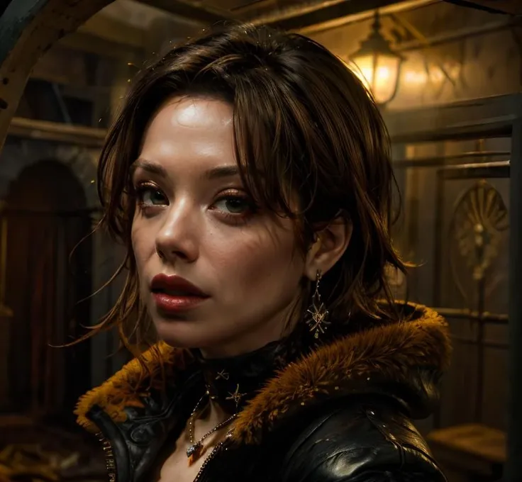 (masterpiece:1.2), (best quality,:1.2), 8k, ultra detailed, ((photorealistic)), fantasy, professional light, cinematic lighting, ambient lighting, Sienna, <lora:Sienna-10:1>, as a detective, earrings, choker, necklace, long, wild and messy blonde hair, dark makeup, dark lipstick, (portrait shot:1.4), (dynamic pose), standing in a sinister crypt, FanLan, <lora:FantasyLandscape:0.5>, long leather coat, red high-neck dress, focus on face,
