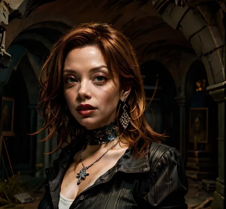 (masterpiece:1.2), (best quality,:1.2), 8k, ultra detailed,  ((photorealistic)), fantasy, professional light, cinematic lighting, ambient lighting, Sienna, <lora:Sienna-10:1>, as a detective, 40 years old, earrings, choker, necklace, long, wild and messy auburn hair, dark makeup, dark lipstick, (portrait shot:1.4), (dynamic pose),  standing in a sinister crypt, FanLan, <lora:FantasyLandscape:0.5>, high-neck dress,