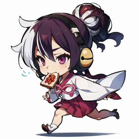 masterpiece, best quality, <lora:DarkCabalChibiStyle:1>  chibi, white background, simple background  <lora:toast-nvwls-v1:1>  <lora:guiltygear_haehyun-11:1> haehyun kum, hair bun, headphones, korean clothes, white kimono, purple skirt, running, toast in mouth