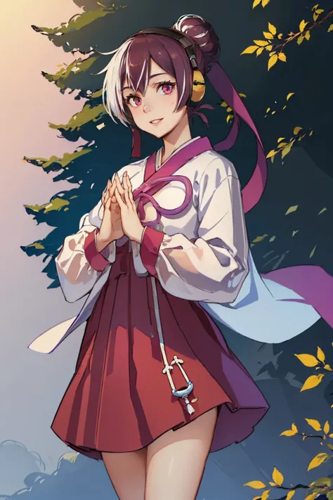 (masterpiece, best quality:1.2), solo, 1girl, haehyun kum, smile, looking at viewer, own hands together, hair bun, headphones, korean clothes, white kimono, purple skirt <lora:guiltygear_haehyun:1.0>