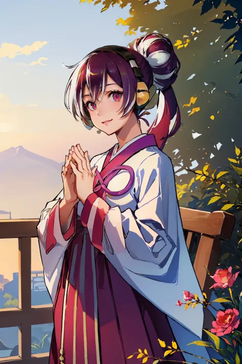 (masterpiece, best quality:1.2), solo, 1girl, haehyun kum, smile, looking at viewer, own hands together, hair bun, headphones, korean clothes, white kimono, purple skirt <lora:guiltygear_haehyun:1.0>